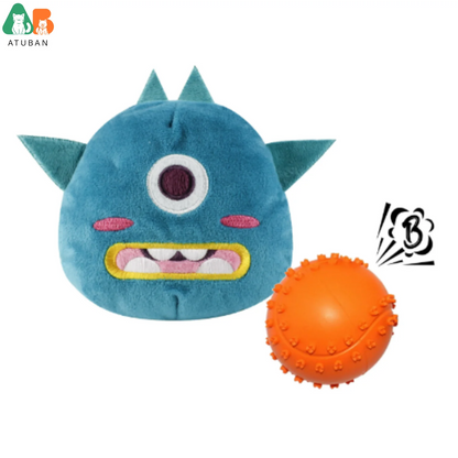 ATUBAN Dog Interactive Toys 2in1 Dog Plush Squeaky Small Balls Pet Toys Halloween Xmas for Small Medium Large Dogs,Blue Monster