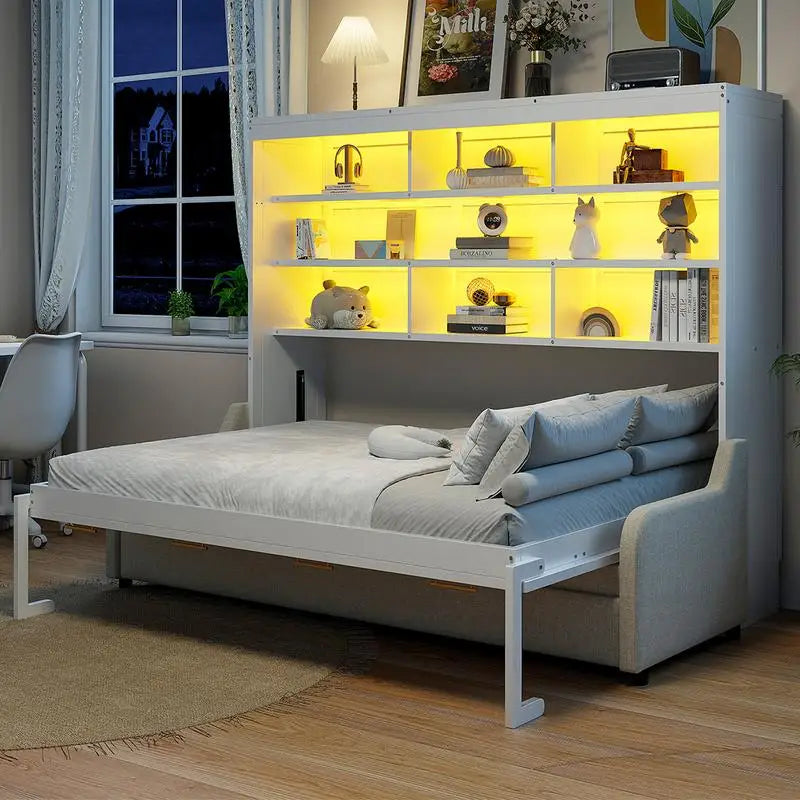 Murphy Cabinet Bed with Sofa, Storage Shelves & LED Light, Beige Color
