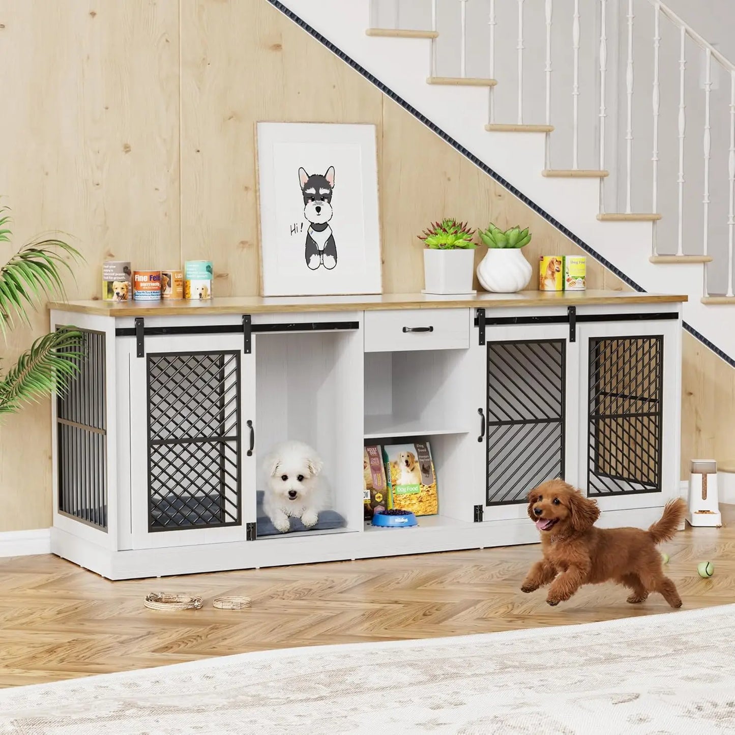 86.6" Dog Crate Furniture for 2 Dogs,Dog Kennel Indoor,Heavy Duty Dog House as Entertainment Center,White