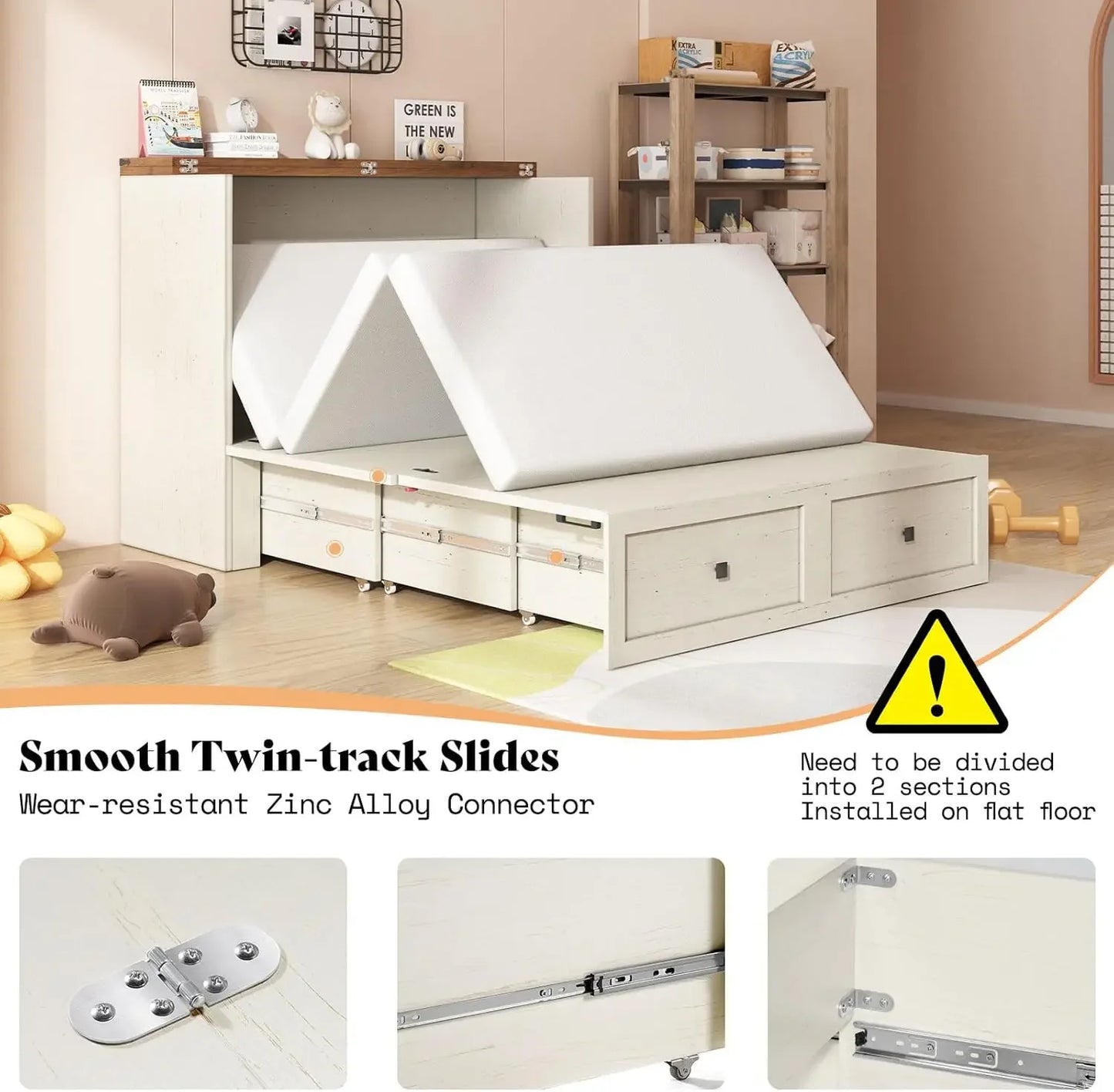 Farmhouse Style Murphy Bed with Storage, Foldable Panel, and Charging Station for Quiet Guest Bedroom