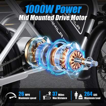 20-inch adult electric scooter 1000W LED mid-mounted motor puncture-resistant wide tires 48V15.6Ah battery BMS system E bicycle