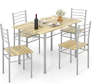 5 Piece Dining Table Set, Kitchen Dining Set with Tempered Glass Table Top and 4 Upholstered Chairs, Dinette Set for 4 for Brea