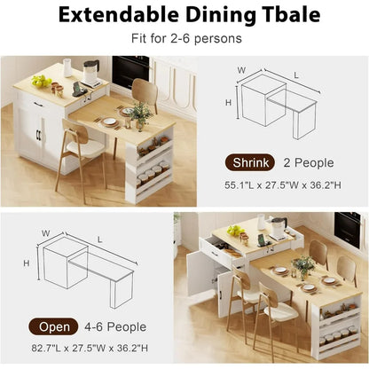 82.7" Kitchen Island with Extendable Dining Table for 2-6 Person, Portable Island Table with Double-sized Storage, Power Outlet,