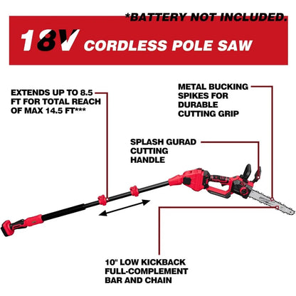 2-IN-1 Cordless 10-Inch Pole Saw And Chainsaw Compatible with Milwaukee M18 18V Battery, Total Reach of Max 15ft, Auto Oiling, E
