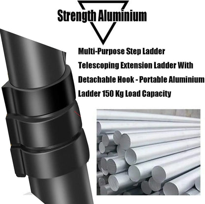 NEW! Stronger Black Telescopic Ladders 10.5FT-20.3FT Folding Aluminium with Detachable Hooks Extendable Steps Non-Slip Home Tool