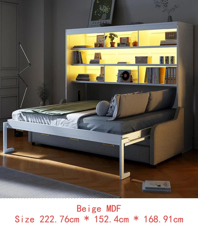 Murphy Cabinet Bed with Sofa, Storage Shelves & LED Light, Beige Color