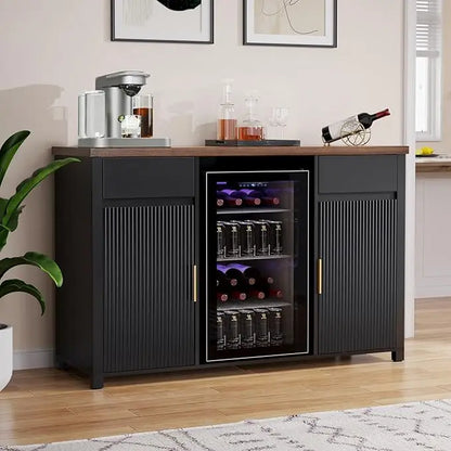 Large coffee bar cabinet with fridge and wine storage, fluted buffet sideboard for home