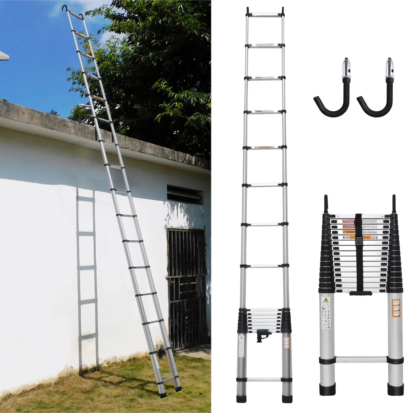 BRIEFNESS 6.2M/20.3FT Multi-Purpose Aluminium Telescopic Ladder W/Detachable Hooks&Extendable Steps,load capacity 150kg,No-slip