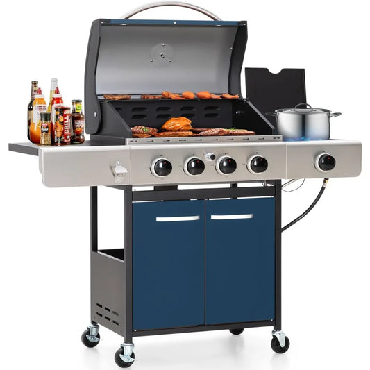 4 Burner BBQ Propane Gas Grill with Side Burner & Porcelain-Enameled Cast Iron Grates, 545 SQIN Grilling Area 42,000 BTUs BBQ