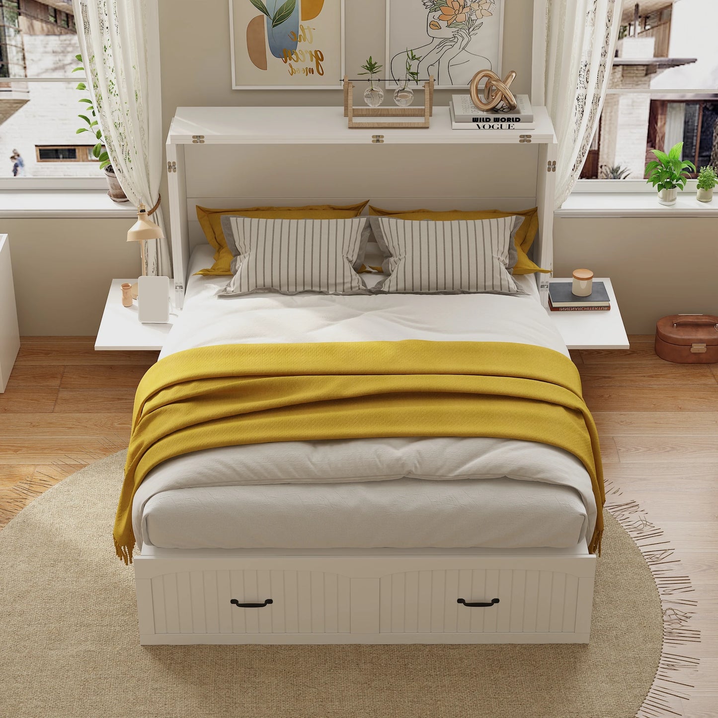 FUFU&GAGA Murphy Bed with Storage Drawer, Foldable Bed Cabinet with Built-in Nightstands for Bedroom Guest Room, White