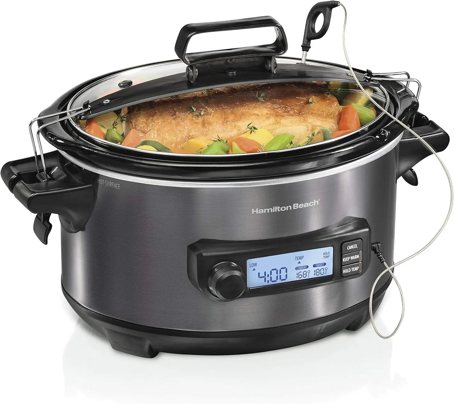 Portable 6 Quart Set & Forget Digital Programmable Slow Cooker with Lid Lock, Temperature Probe, Dishwasher Safe Crock & Lid, Bl