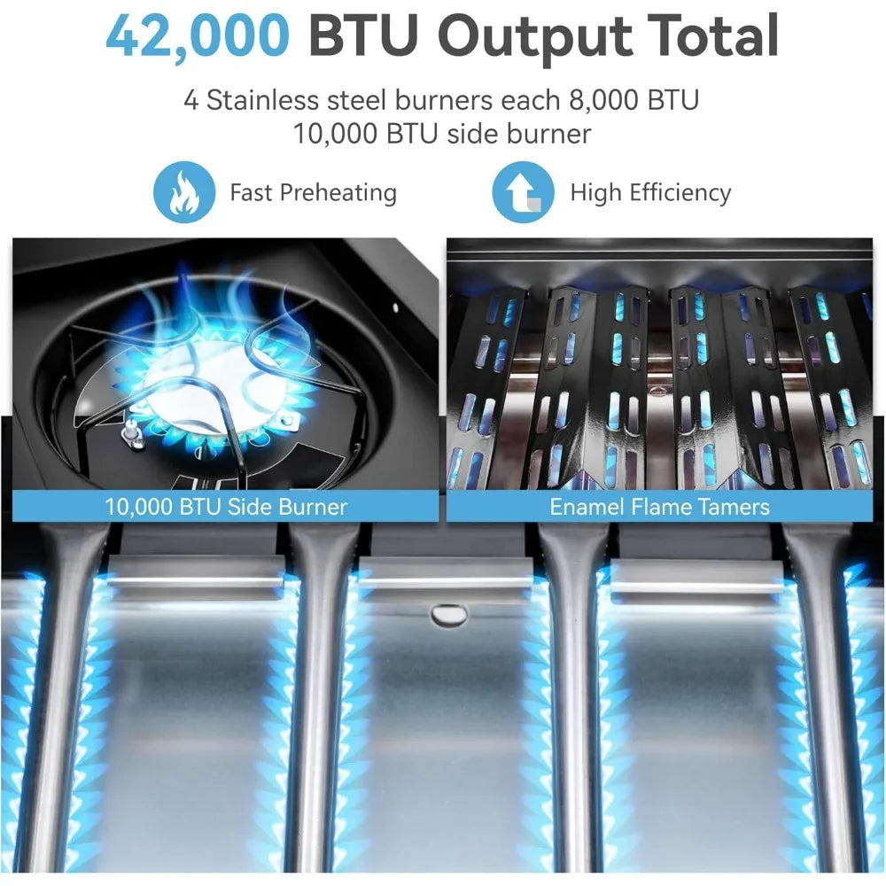 4 Burner BBQ Propane Gas Grill with Side Burner & Porcelain-Enameled Cast Iron Grates, 545 SQIN Grilling Area 42,000 BTUs BBQ