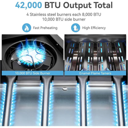 4 Burner BBQ Propane Gas Grill with Side Burner & Porcelain-Enameled Cast Iron Grates, 545 SQIN Grilling Area 42,000 BTUs BBQ