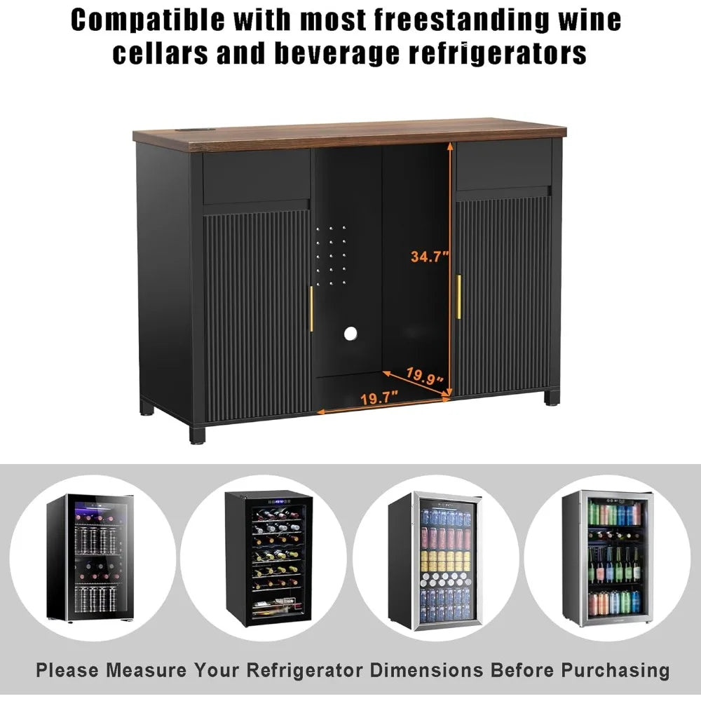 Large coffee bar cabinet with fridge and wine storage, fluted buffet sideboard for home