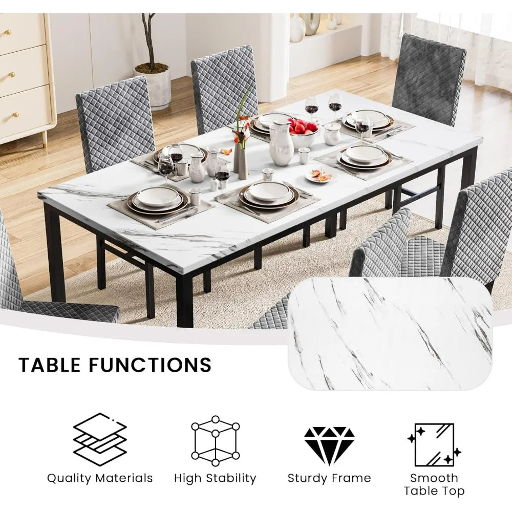 7 Piece Dining Table Set for 6 with Chairs of Velvet Foam, Faux Marble Kitchen Dining Table Set for Small Space, Living Room, A
