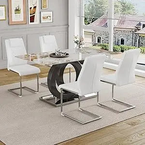 Modern Dining Table Set for 4 ，5 Piece Dining Table Chairs Set for 4,Glass Table Top and MDF Base，Rectangular Dining Room Table