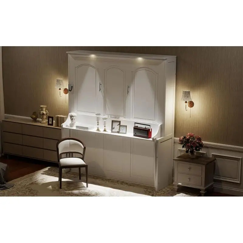 Queen Size Murphy Bed with Desk, LED Lighting and USB Charging Station, White Finish