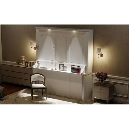 Queen Size Murphy Bed with Desk, LED Lighting and USB Charging Station, White Finish