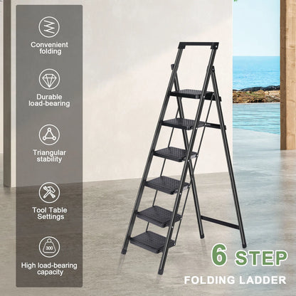 6 Step Ladder Lightweight Foldable Ladder with Non-Slip Wide Pedals Stepladder with Safe Handrail Space Saving for Home