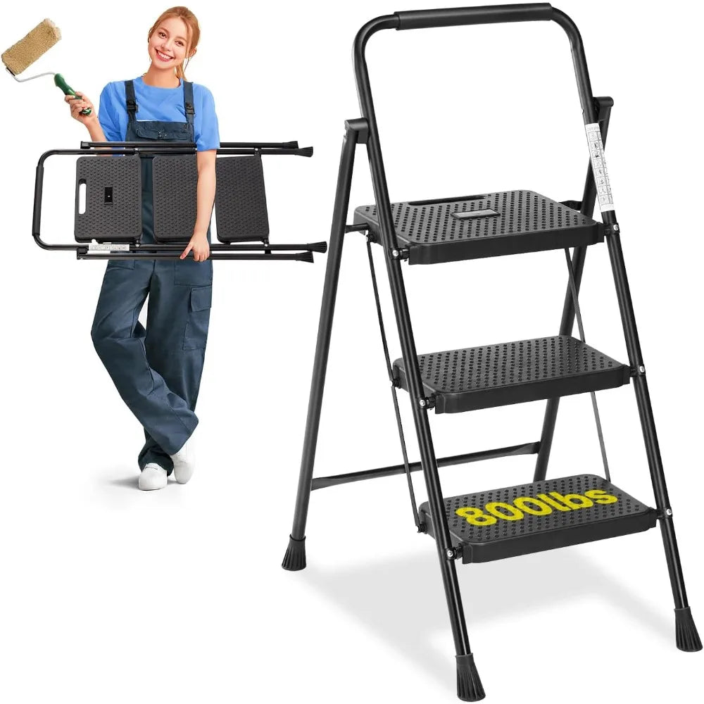 Portable 3-Step Folding Ladder with Wide Anti-Slip Treads, Lightweight Step Stool for Adults