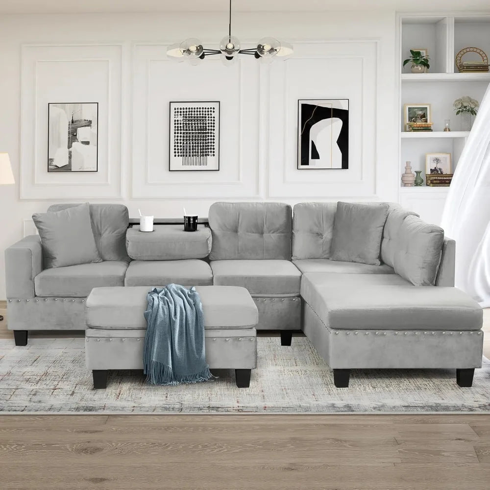 Modern Sectional Sofa with Storage Ottoman with 2 Pillows and 2 Cup Holders