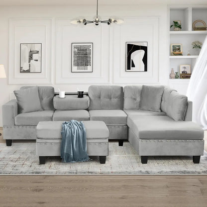 Modern Sectional Sofa with Storage Ottoman with 2 Pillows and 2 Cup Holders