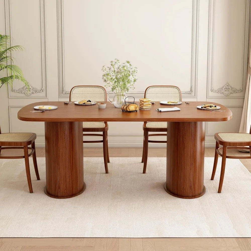 63 inch Rectangular Dining Table for 6, Kitchen Table Dinner Table with Cylindrical Base, Safe Rounded Edge Farmhouse Dining Tab