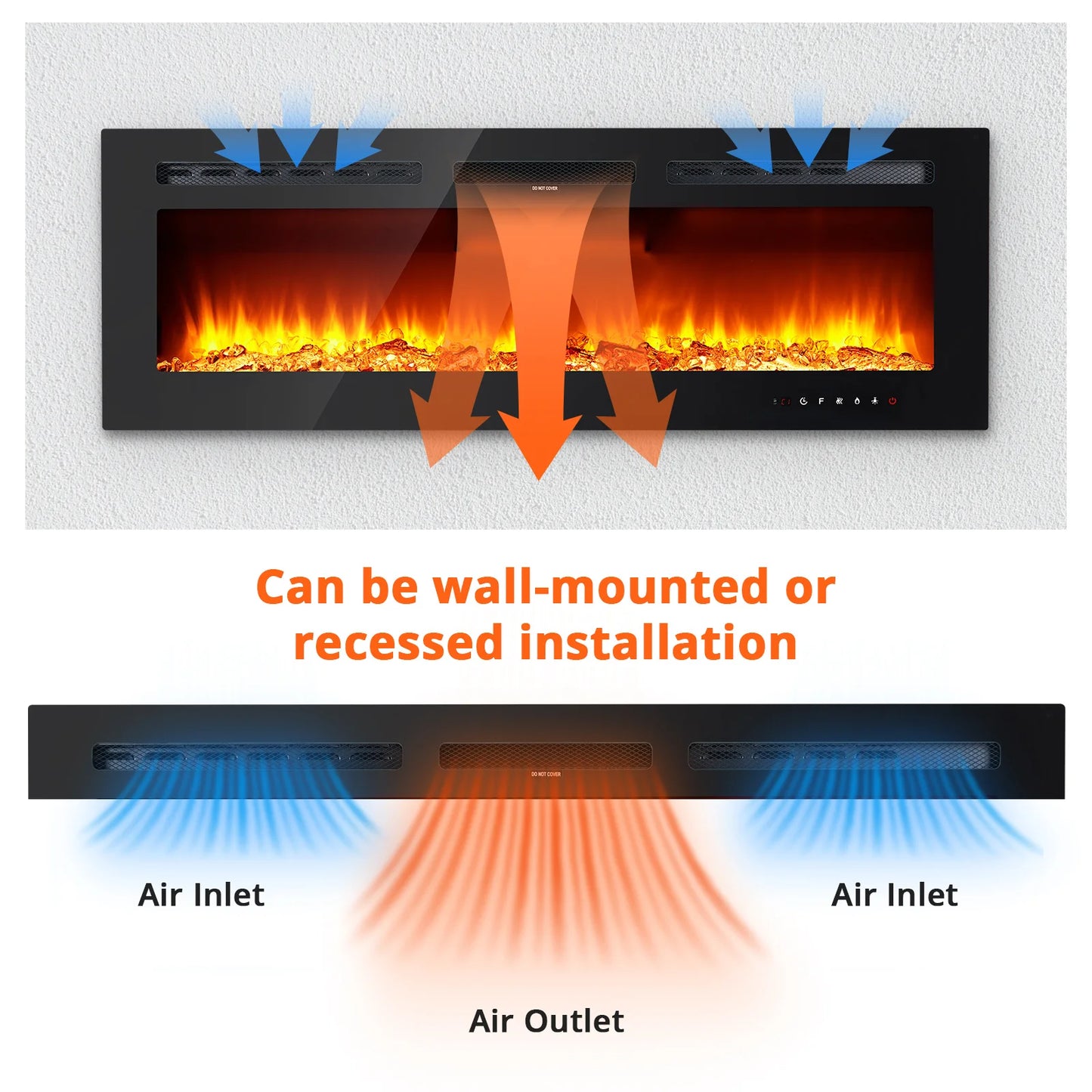 60" Electric Fireplace, 3.85" Ultra-Thin Recessed & Wall Mounted Fireplace, 1500w Heater (5120BTU), 12 LED Flame Colors