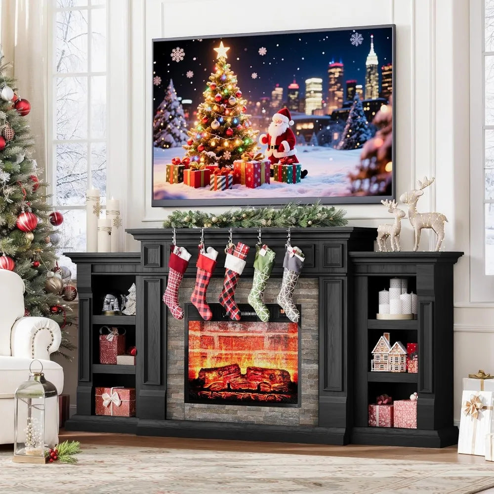 72" Fireplace TV Stand for TVs Up to 80 Inch, Electric Fireplace with Mantel, Modern Entertainment Center with Storage,