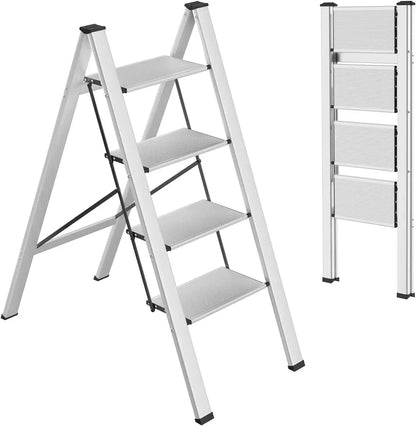 Step Ladder Aluminum Folding Step Stool W/ Wide Anti-Slip Pedal Home Office Lightweight Portable Stepladder (Silver,black)