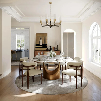 59" Round Dining Table for 4-6, Glossy White Sintered Stone Dining Tabletop with Bronze Carbon Steel Pedestal, Modern Dining Ro