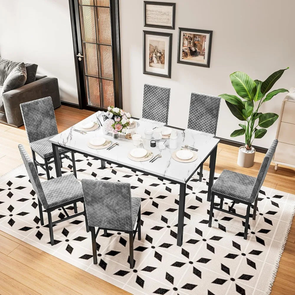 7 Piece Dining Table Set for 6 with Chairs of Velvet Foam, Faux Marble Kitchen Dining Table Set for Small Space, Living Room, A