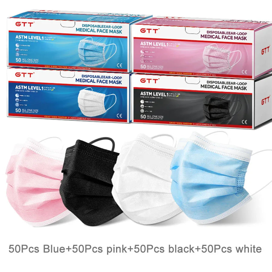 GTT 50/100Pcs Disposable Face Mask individually packaged 3 Ply breathable Earloop Protective Mask for Home School Office Outdoor