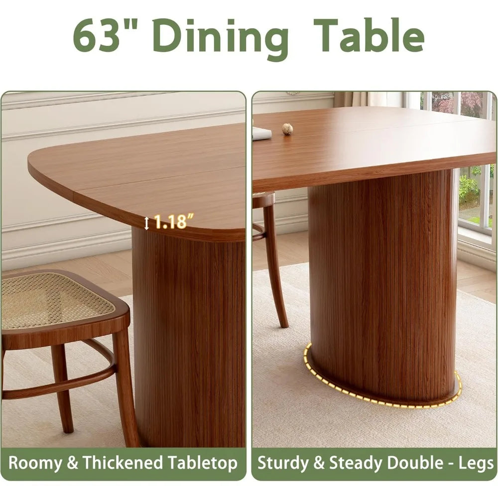 63 inch Rectangular Dining Table for 6, Kitchen Table Dinner Table with Cylindrical Base, Safe Rounded Edge Farmhouse Dining Tab