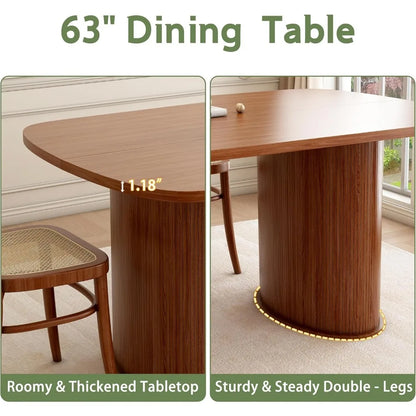 63 inch Rectangular Dining Table for 6, Kitchen Table Dinner Table with Cylindrical Base, Safe Rounded Edge Farmhouse Dining Tab