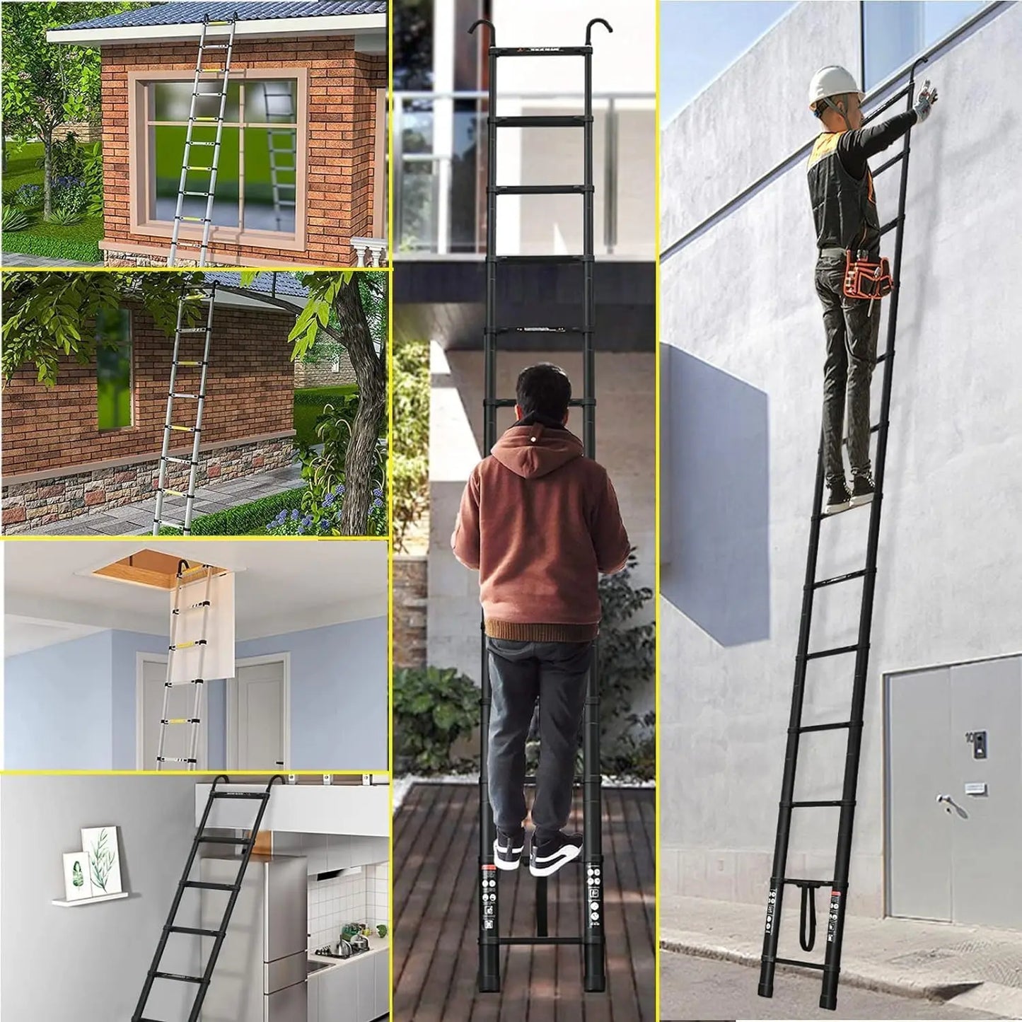 NEW! Stronger Black Telescopic Ladders 10.5FT-20.3FT Folding Aluminium with Detachable Hooks Extendable Steps Non-Slip Home Tool