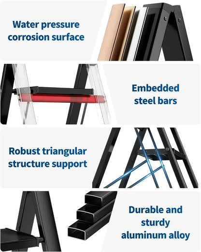 Step Ladder Aluminum Folding Step Stool W/ Wide Anti-Slip Pedal Home Office Lightweight Portable Stepladder (Silver,black)