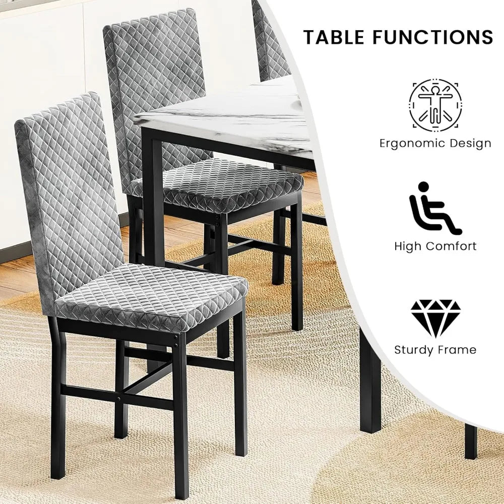 7 Piece Dining Table Set for 6 with Chairs of Velvet Foam, Faux Marble Kitchen Dining Table Set for Small Space, Living Room, A