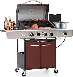 4 Burner BBQ Propane Gas Grill with Side Burner & Porcelain-Enameled Cast Iron Grates, 545 SQIN Grilling Area 42,000 BTUs BBQ