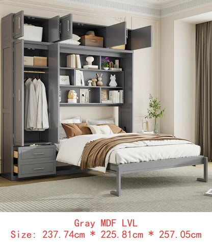 Queen Murphy Bed with Desk, Top Cabinet & Storage Shelves - Space Saving Foldable Bed in Gray
