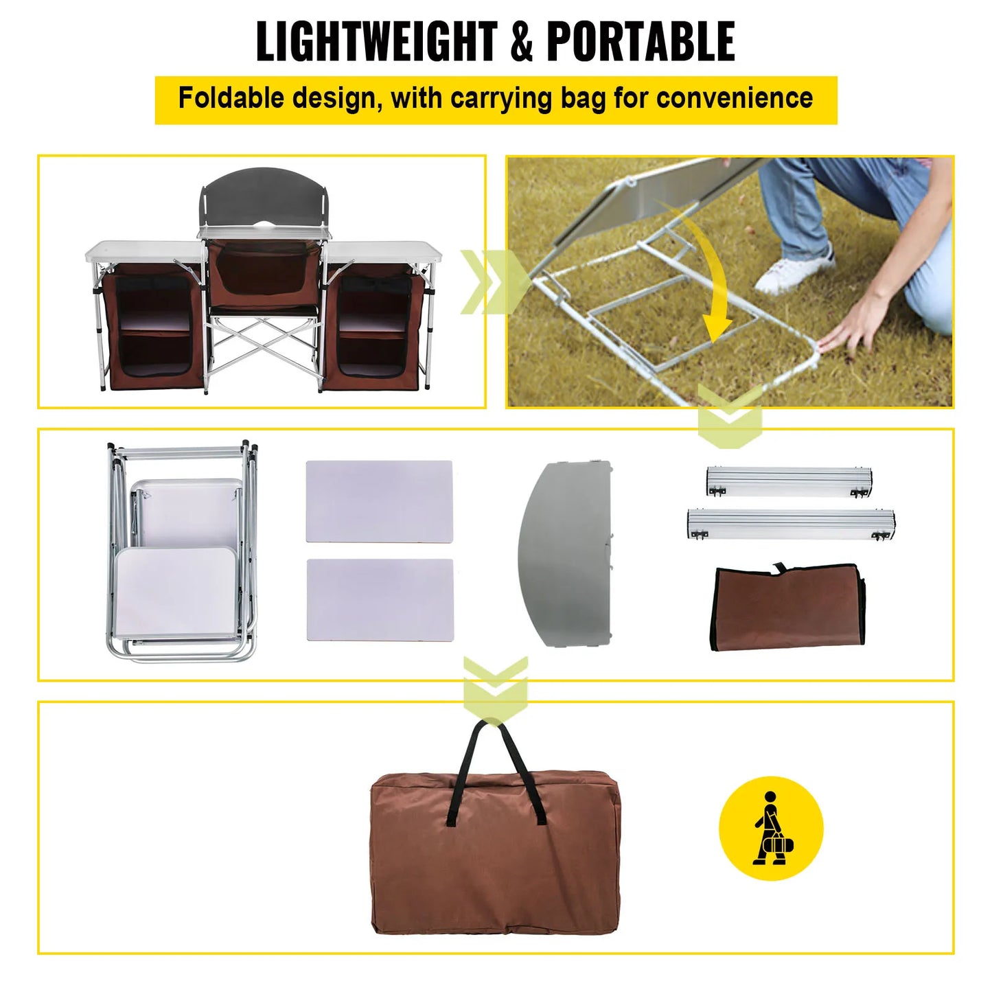 SucceBuy Camping Outdoor Kitchen Table Cabinet Foldable Cooking Storage Rack X-Shaped Aluminum Alloy Bracket for BBQ Picnic