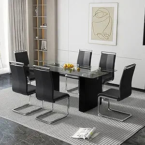 71" Glass Dining Table Set for 6, 7 Piece Dining Table Set with Tempered Glass Top & 6 White PU Leather Ergonomic Chairs, Modern