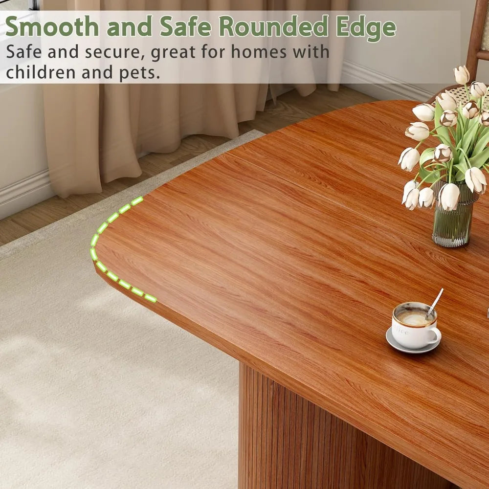63 inch Rectangular Dining Table for 6, Kitchen Table Dinner Table with Cylindrical Base, Safe Rounded Edge Farmhouse Dining Tab