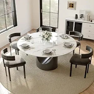 59" Round Dining Table for 4-6, Glossy White Sintered Stone Dining Tabletop with Bronze Carbon Steel Pedestal, Modern Dining Ro