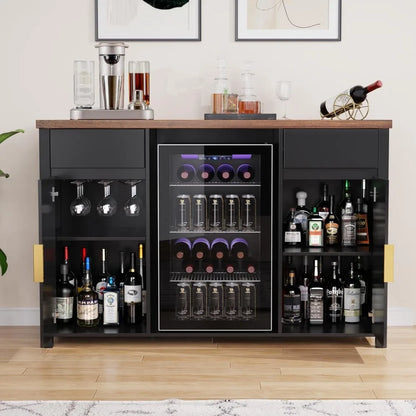 Large coffee bar cabinet with fridge and wine storage, fluted buffet sideboard for home
