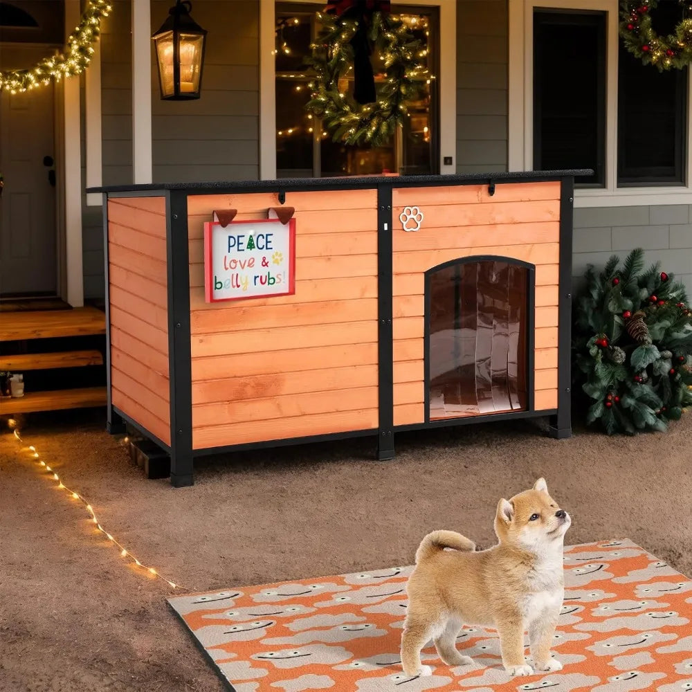 Outdoor Dog House, Indoor Outdoor Doghouse Puppy Shelter Dog House with Iron Frame,Anti-Bite Design Dog Home for Small Medium So