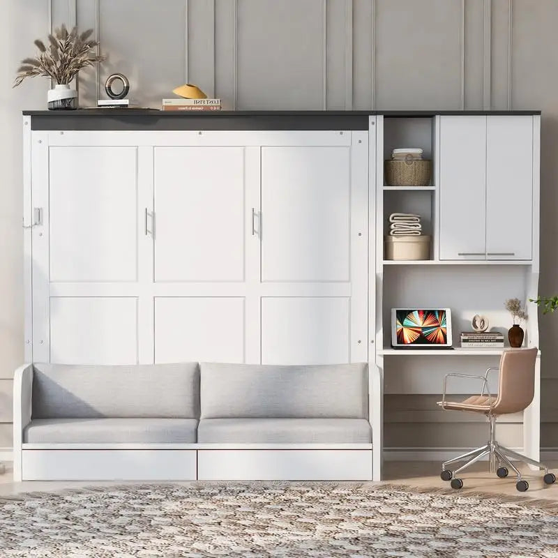 Queen Murphy Bed with Sofa, Desk, and Storage Cabinet - Space-Saving Foldable Design for Small Spaces