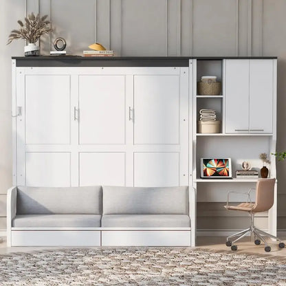 Queen Murphy Bed with Sofa, Desk, and Storage Cabinet - Space-Saving Foldable Design for Small Spaces