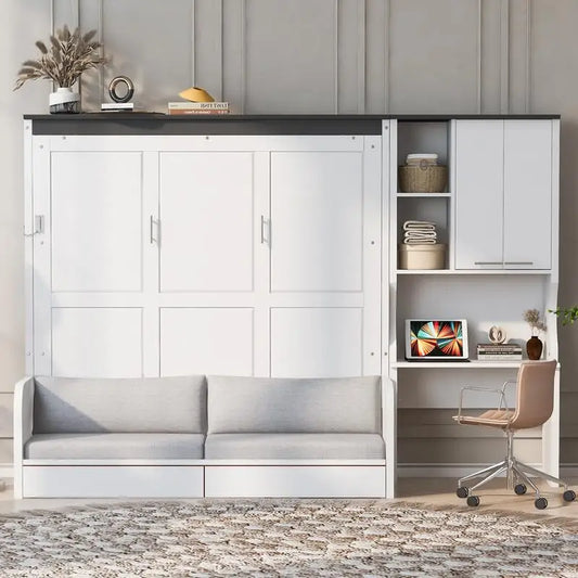 Queen Murphy Bed with Sofa, Desk, and Storage Cabinet - Space-Saving Foldable Design for Small Spaces