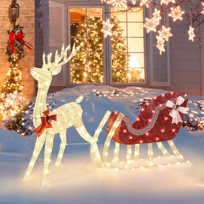 Yaheetech Pre-lit Reindeer & Sleigh Set, 4ft Light-up Christmas Decorations Set w/ 360 LED Lights/Stakes/ZipTies for Outdoor/Ind